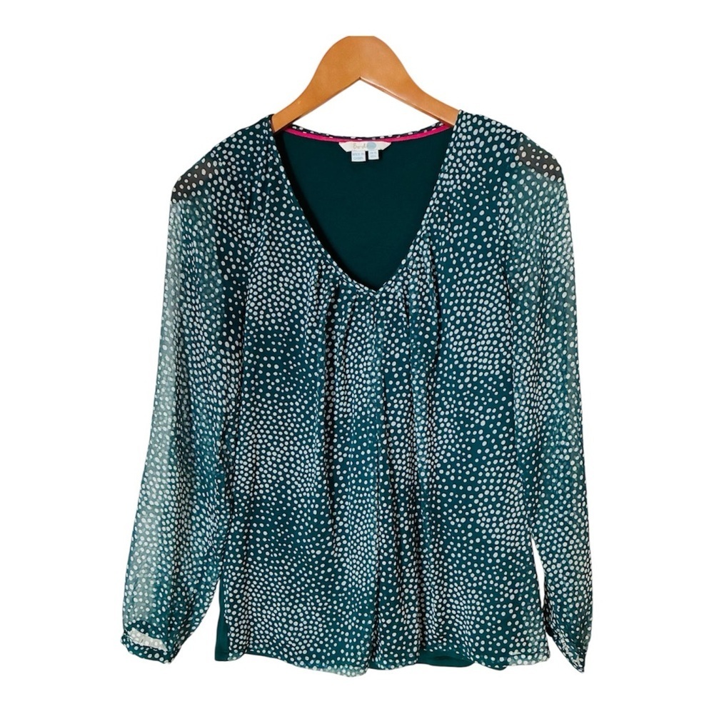 Boden Green White Dot Print Chiffon Overlay Blouse US Size 6